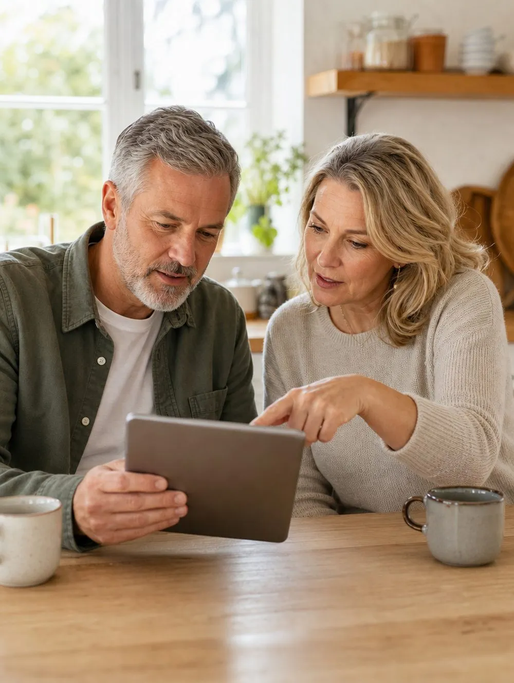 A couple in their 50s reading something together on a tablet at the kitchen table