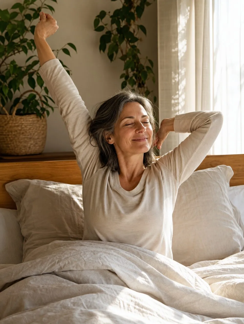 A woman in her 50s stretching in bed after waking up rested
